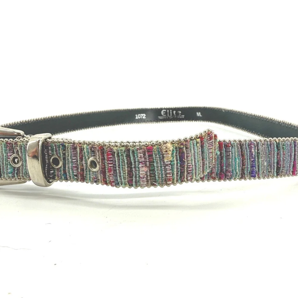 Elite Belt Women ML Multicolor Woven Metallic Beaded Silver Buckle Boho 1072